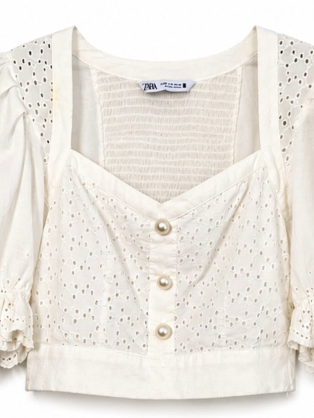Zara White Eyelet Puff Sleeve Cropped Blouse